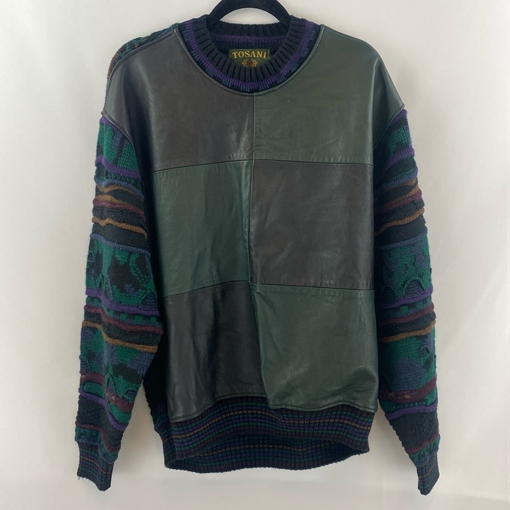 Vintage Tosani Sweater Faux Leather‎ Patch Work and Wool Blend Knit